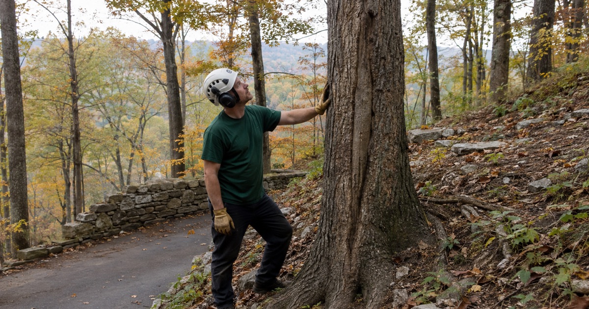 Worker reading an old seam up the bole of a chestnut oak on a Monte Sano slope in Huntsville.