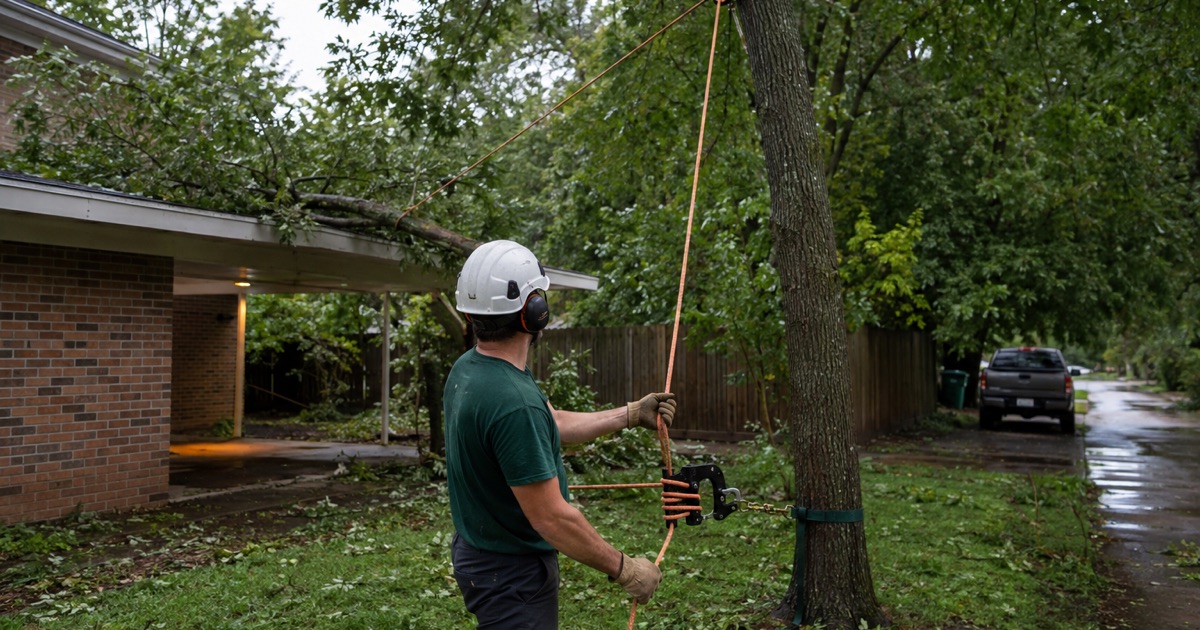 Worker easing the last boxelder leader off a Huntsville carport roof on the lowering rope after a summer storm.