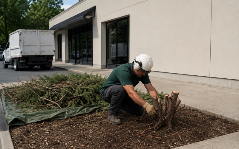 Worker drawing the last cut cedar stem cluster out of a Huntsville storefront frontage bed.