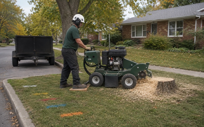 Worker sweeping the grinder across a cottonwood stump on a Huntsville verge, the locate marks still on the turf.