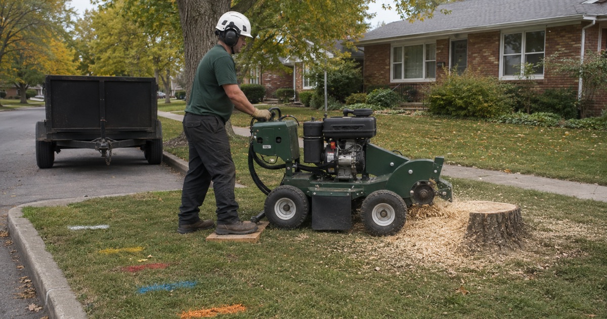 Worker sweeping the grinder across a cottonwood stump on a Huntsville verge, the locate marks still on the turf.