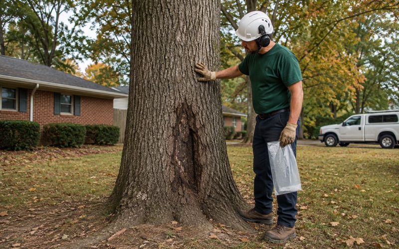 Worker reading boring dust at the root flare of a declining loblolly pine on a Huntsville property edge.
