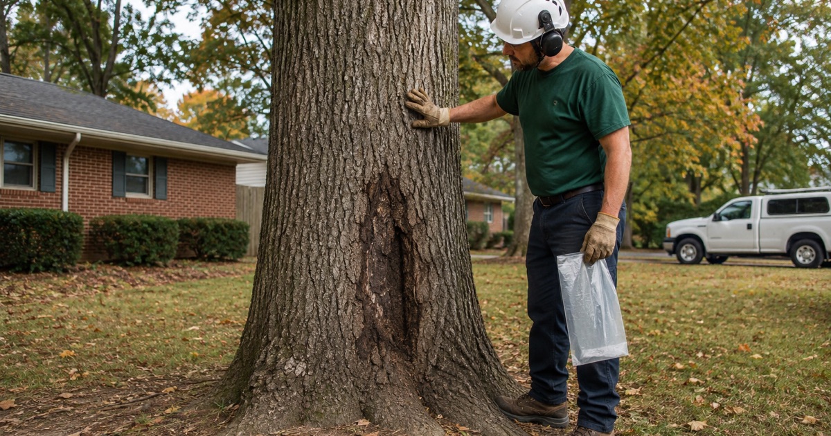 Worker reading boring dust at the root flare of a declining loblolly pine on a Huntsville property edge.