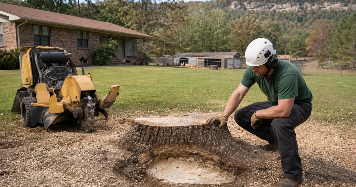 Worker reading sandstone in the bottom of a part-ground post oak stump on the Arab plateau.