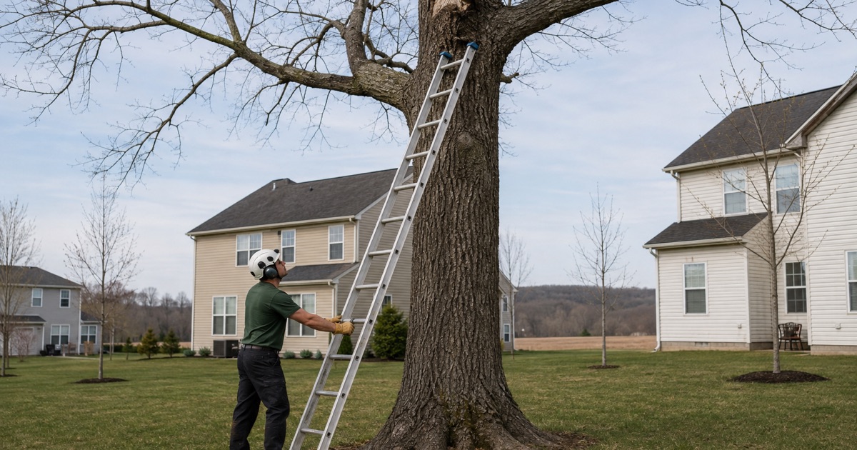 Worker bracing the ladder into a Harvest southern red oak to reach an old wind-torn union high in the crown.
