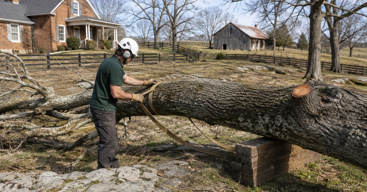 Worker passing a choker strap under a long open-grown white oak limb at Hazel Green, its outer end blocked up on a bunk.