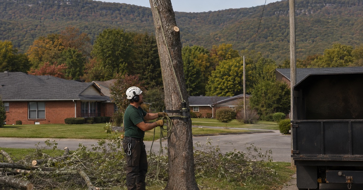 Worker setting wraps on the bollard at the base of a Huntsville silver maple being taken down clear of the overhead line.