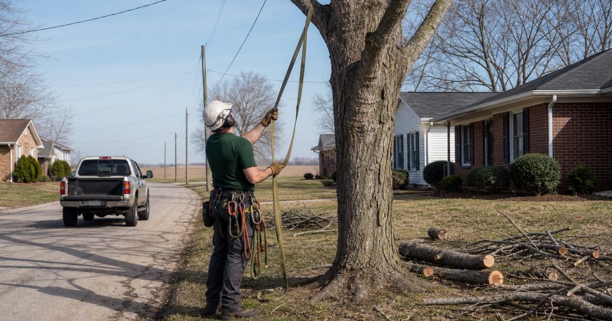 Worker gathering the rigging sling before it goes up a Madison shagbark hickory beside the service drop.