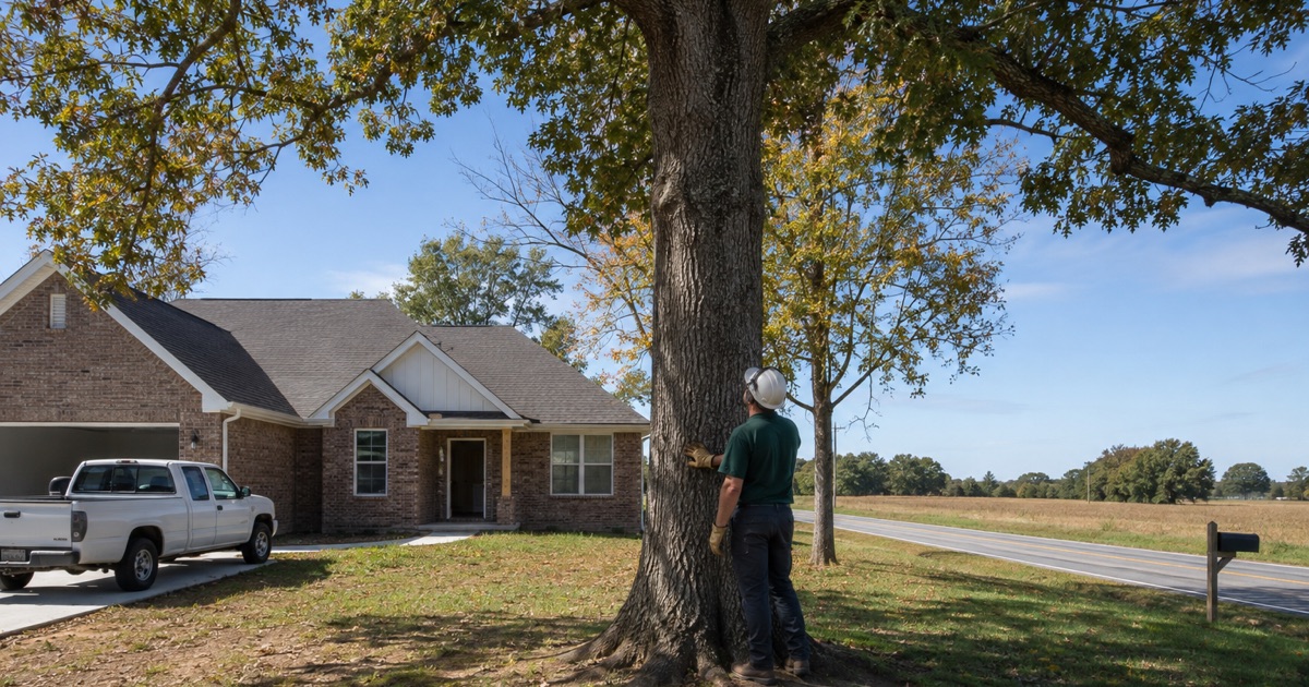 Worker sighting up a white oak in a Meridianville front yard with the owner’s door standing open behind him.