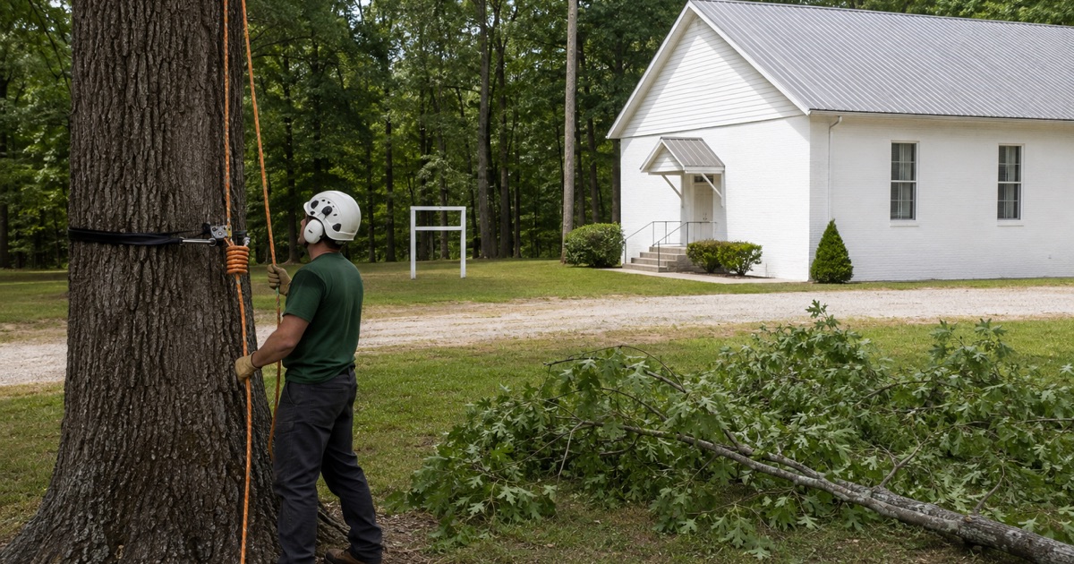 Worker holding the friction device as limbs come down over a small church roof at Moores Mill.