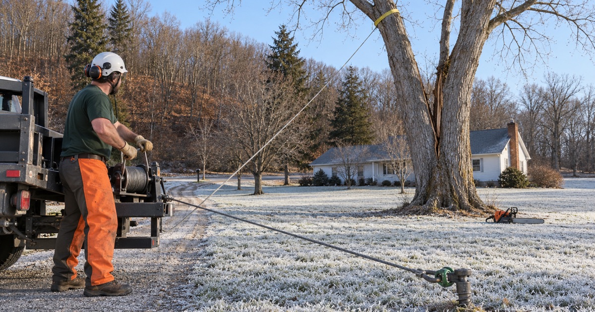 Worker taking up the pull line at the winch on a New Market lot, frost lying white in the low ground.