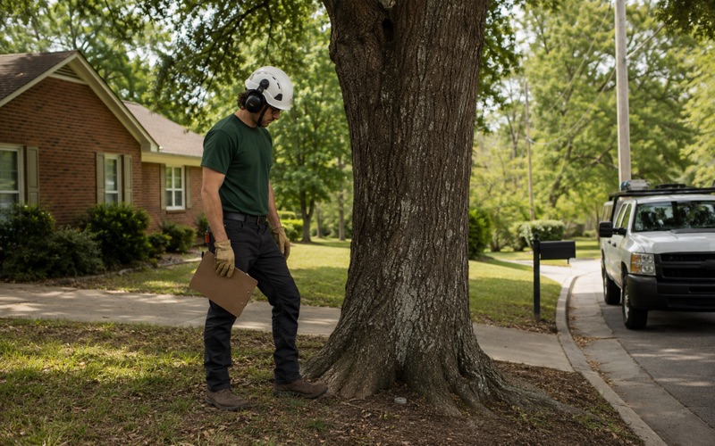 Worker stacking a cut limb butt where the pruning stopped dead on a Huntsville boundary, the fence rail let into the trunk.