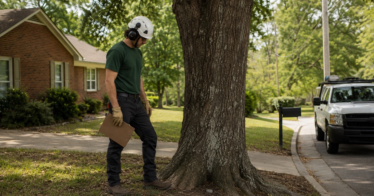 Worker stacking a cut limb butt where the pruning stopped dead on a Huntsville boundary, the fence rail let into the trunk.