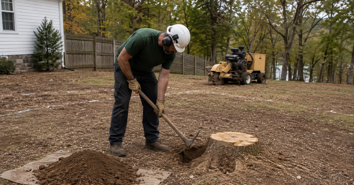 Worker opening the ground beside a Triana white oak stump with a mattock before the grinder starts.