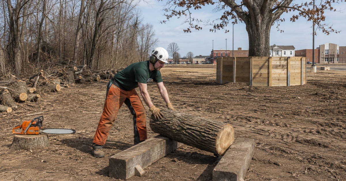 Worker rolling a cull log clear of a part-graded Athens development pad, the retained oak behind its timber barrier.