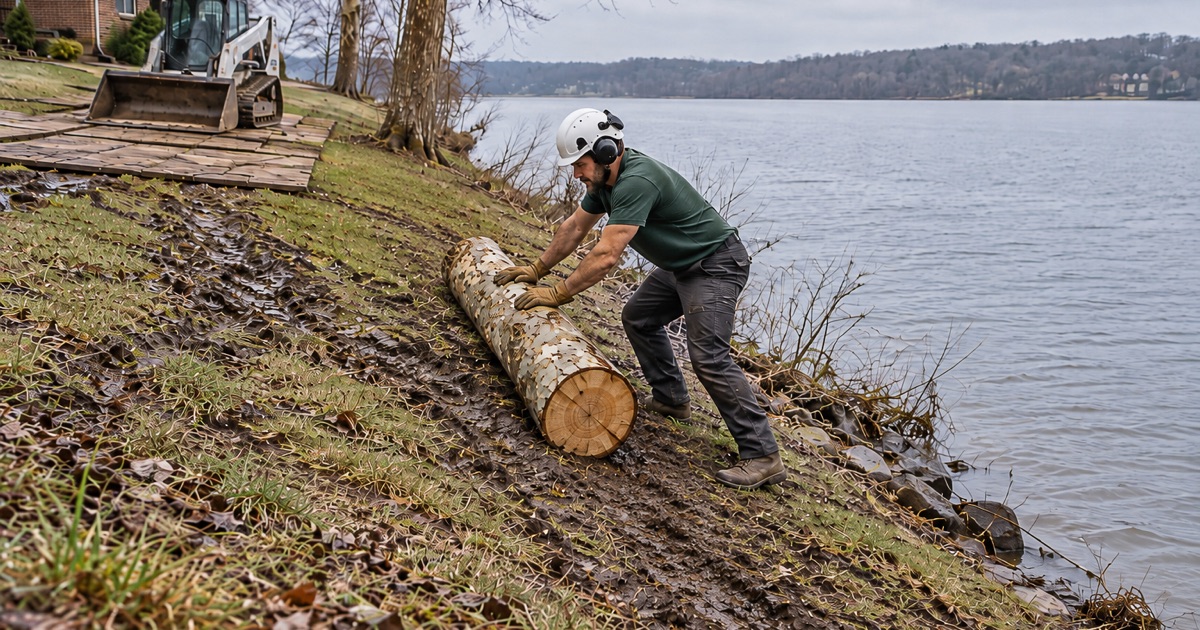 Worker rolling a sycamore log up the bank away from the water on a Decatur shoreline lot.