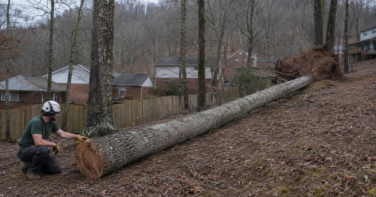 Worker crouched at the butt end of a windthrown Hartselle tulip poplar, the wide root plate torn up over sandstone.