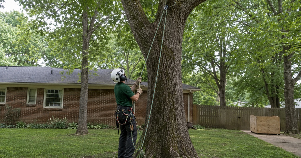 Worker setting the climbing line from the ground into a Huntsville pignut hickory before any cut is made.